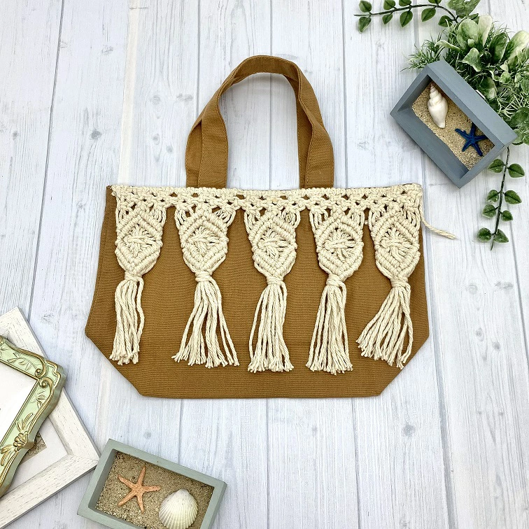 トートバッグ インド綿100% マクラメ ブラウン 30cm× 20cm