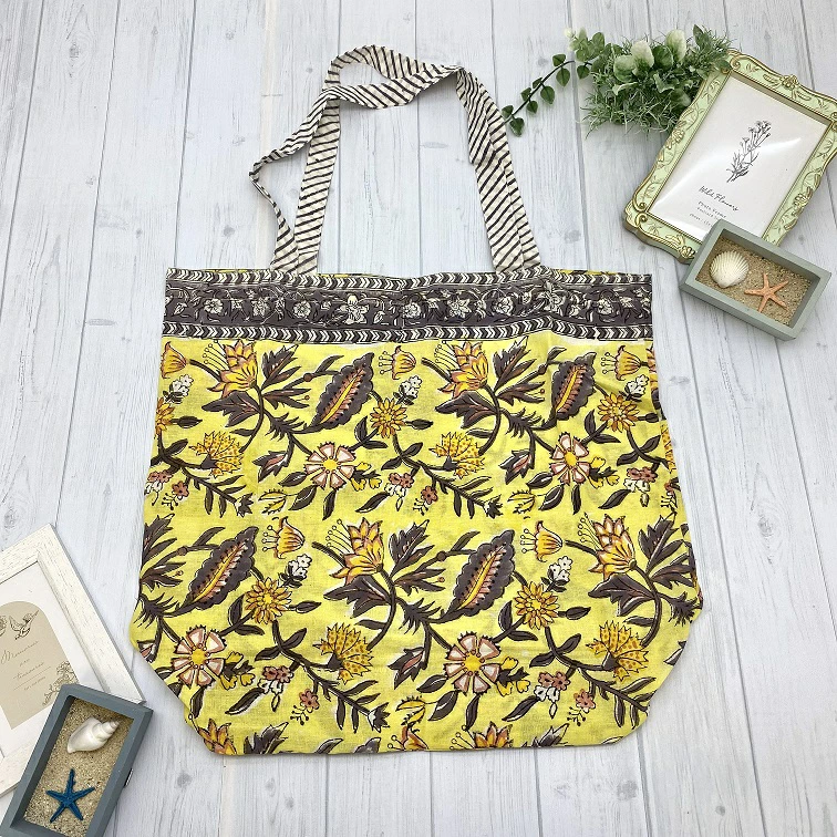 エコバッグ インド綿100% アマービレ ブロックプリント  イエロー 39cm×30cm×14cm
