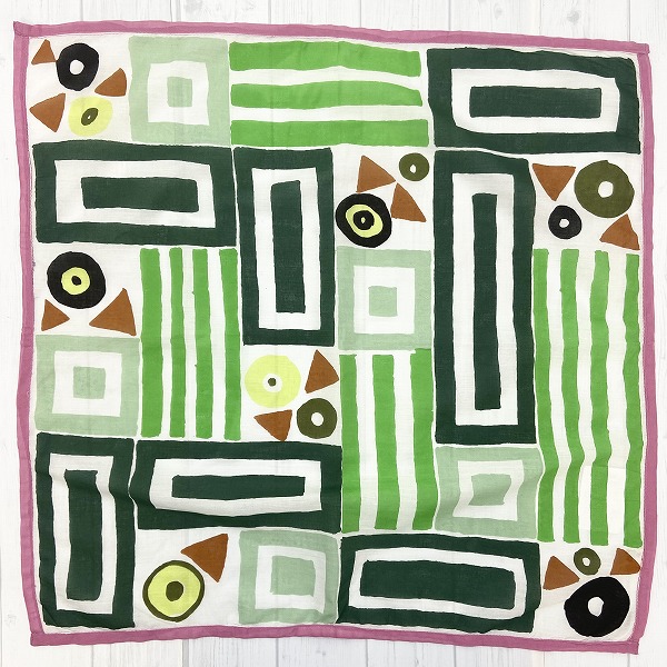 バンダナ インド綿100%  幾何柄 ブロックパターン  グリーン 55cm×55cm