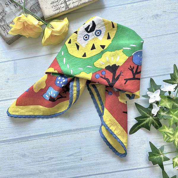 バンダナ インド綿100 ツインオウル(フクロウ)  レッド 53cm×53cm