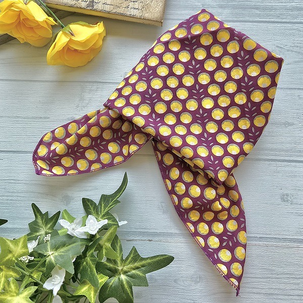 バンダナ インド綿100％  花柄 水玉  ティエーラフラワー イエロー パープル 52cm×52cm