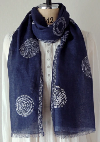 ストール  インド綿100%  カンタ刺繍 ドットエンブロイダリー  ネイビー  180cm×45cm