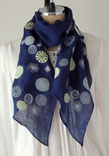 ストール インド綿100%  刺繍  ドットアップリケ  ネイビー ブルー 緑 110cm×30cm