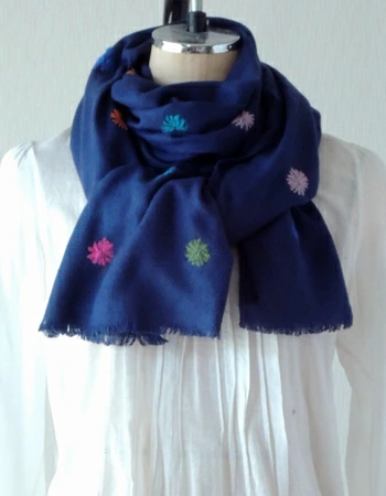 ウールストール  ウール   刺繍  フラワードット  ネイビー  青 190cm×55cm