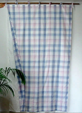 カーテン インド綿100% ダブル ペイルチェックインド綿 ブルー ピンク180cm×110cm