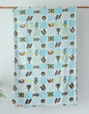 マルチカバー インド綿100％ イタワ織 ミティラー ポップ  ブルー 225cm× 50cm
