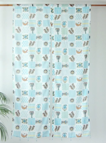のれん インド綿100% 裾ビーズ付き ボイルミティラー ブルー 150cm×85cm