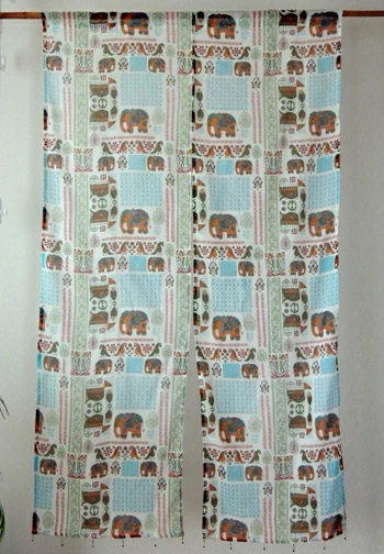 のれん インド綿100% 裾ビーズ付き  アラベスクエレファント ブルー 150cm×85cm