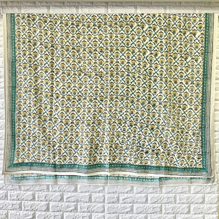 マルチカバー インド綿100% イタワ織 アマービレ ブロックプリント ミント 225cm×145cm