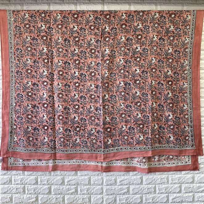 マルチカバー イタワ織  インド 綿100％ 花柄 アプリコット 225cm×145cm