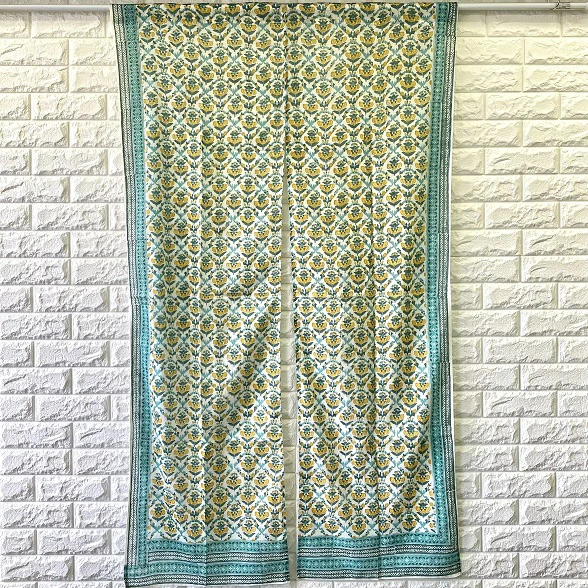 のれん インド綿100% アマービレ 花柄  ミント 150cm×85cm