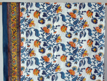 マルチカバー・インド綿・イタワ織り・ブロックプリント・アジアン花柄・ピヤーラフラワー・ブルー