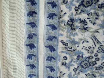 マルチカバー・インド綿・イタワ織り・ブロックプリント・アジアン花柄・バードフラワー・ブルー