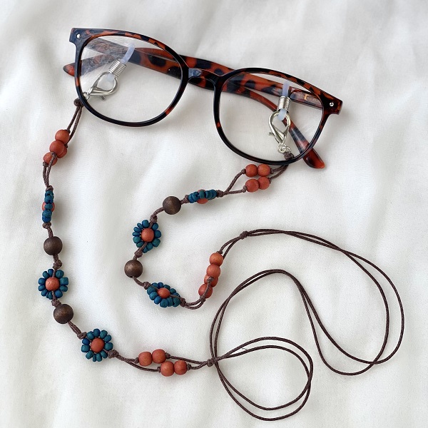 メガネチェーン ビーズ ウッドボール 花がら オレンジ ブルー 約70cm kh021
