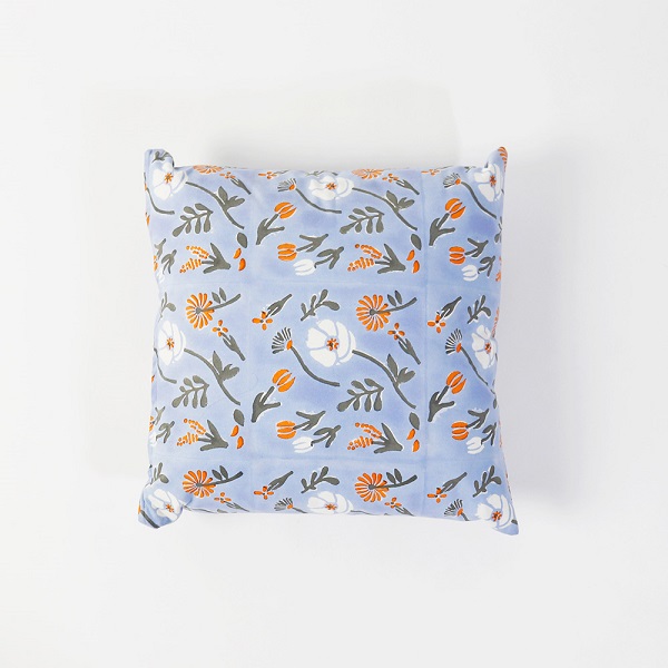 クッションカバー 春風そよぐ花 インド綿 ブロックプリント 北欧 カントリー 花がら 発色 ブルー 45cm×45cm kh032