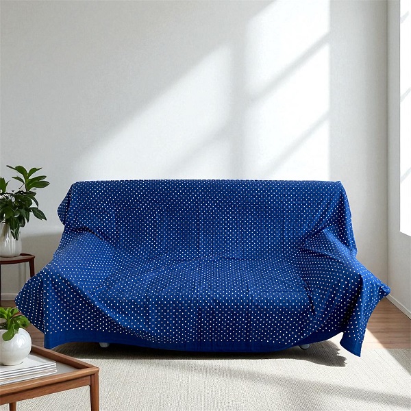フリークロス トレイル ステッチネイビー インド綿100％ ベッドカバー ソファーカバー シングル マルチクロス カーテン 間切り ブルー ドット 150cm×225cm km030