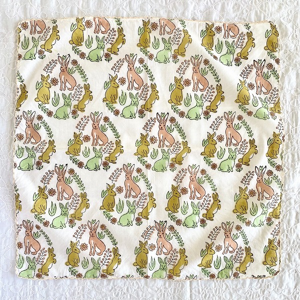 バンダナ  インド綿100%  フラワーラビット ピンク ベージュ  45cm×45cm