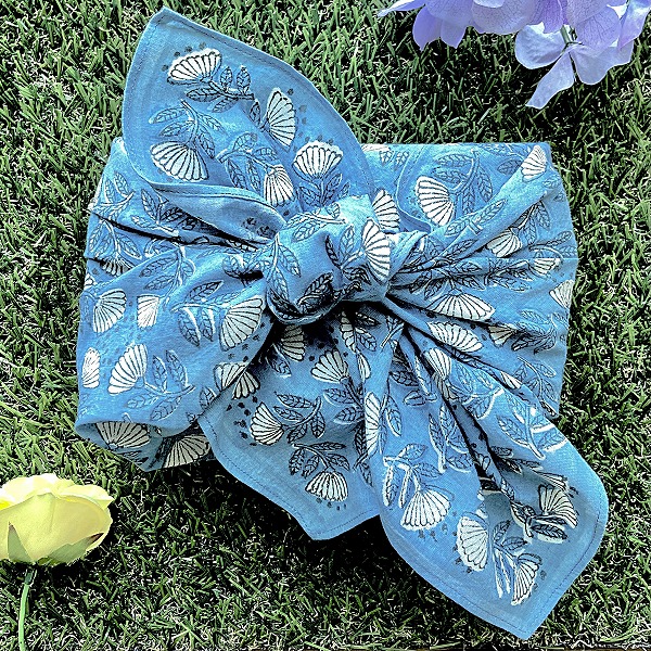 バンダナ インド綿100% フラワーバニエ ブルー 55cm×55cm