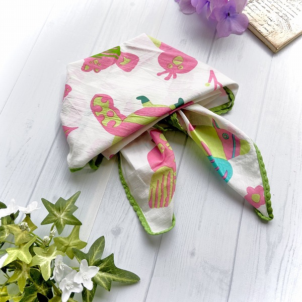 バンダナ インド綿100% プリティバード  ホワイト ピンク  52cm×52cm