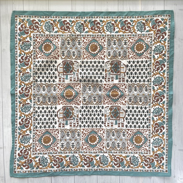 バンダナ  インド綿100%  象と花柄  青 ターコイズ  約52cm×52cm
