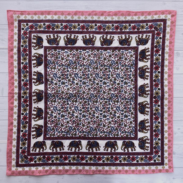 バンダナ インド綿100％ 象と花柄 フラワーエレファント ピンク  約52cm×52cm