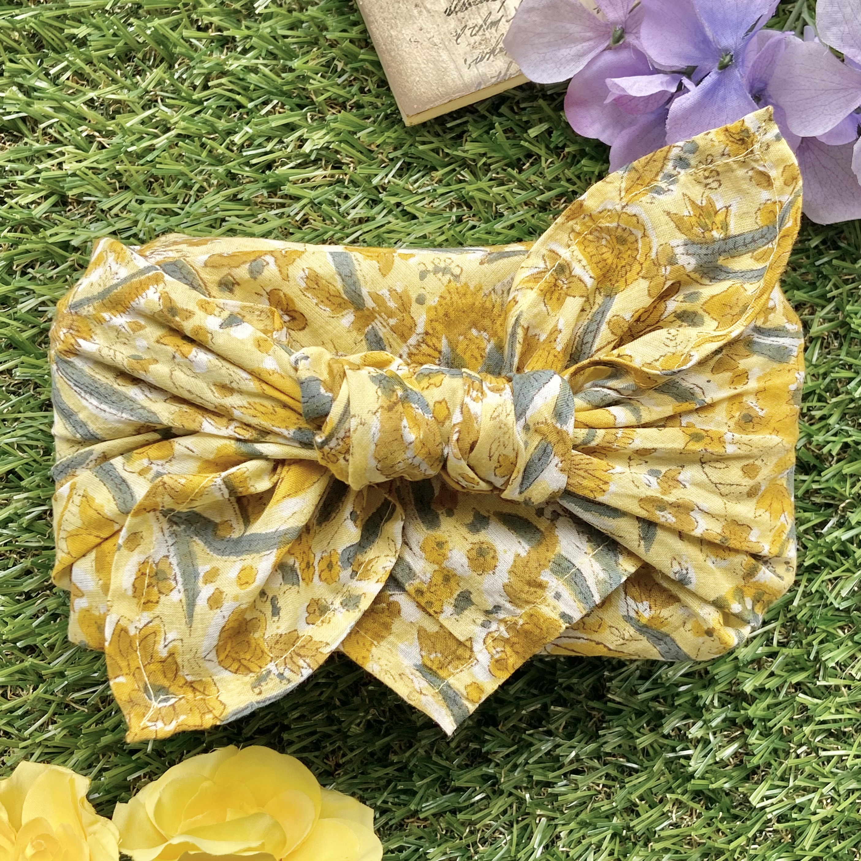 バンダナ インド綿100％ イエロー花 52cm×52cm　kb035