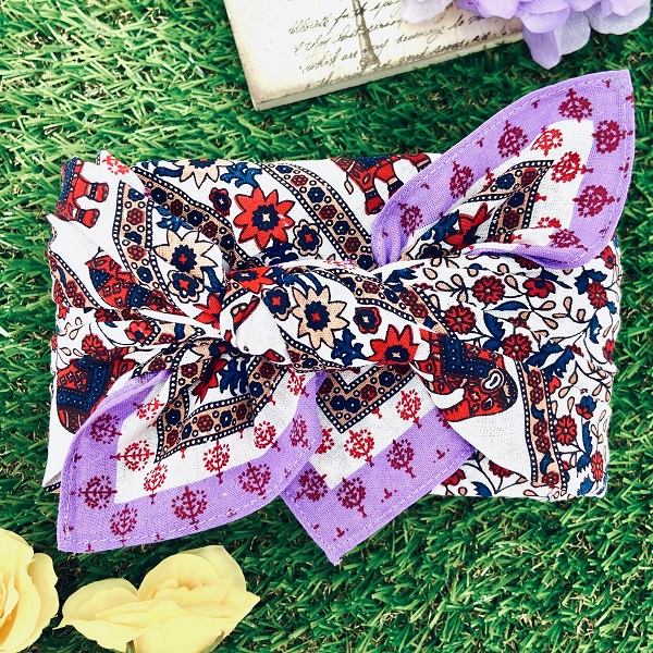 バンダナ  インド綿100%  フラワーエレファント 紫  52cm×52cm