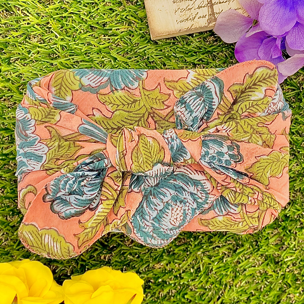 バンダナ インド綿100% ボタニカル柄 オレンジ ブルー 約50cm×50cm