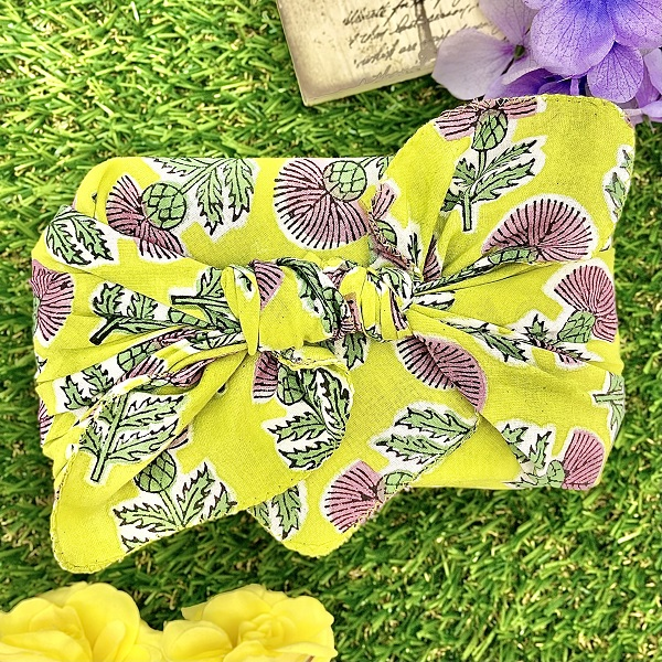 バンダナ インド綿100%  アザミ 総柄  ピンク 黄緑 約50cm×50cm