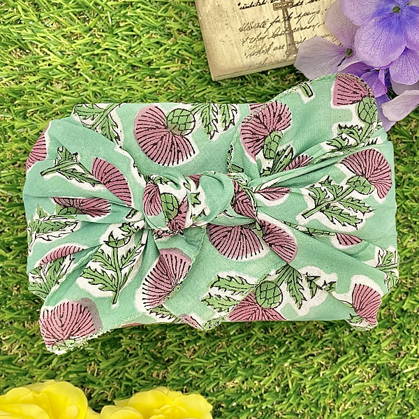 バンダナ インド綿100% アザミ 総柄 グリーン ピンク 約50cm×50cm