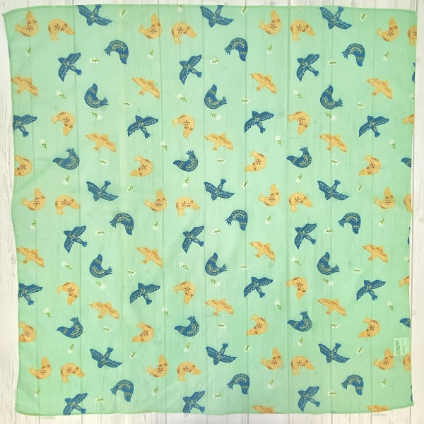スカーフ 綿100％ バードブリント ミント  70cm×70cm