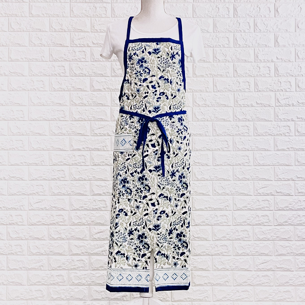 エプロン インド綿１00%  花柄 ブルー 約80×100cm