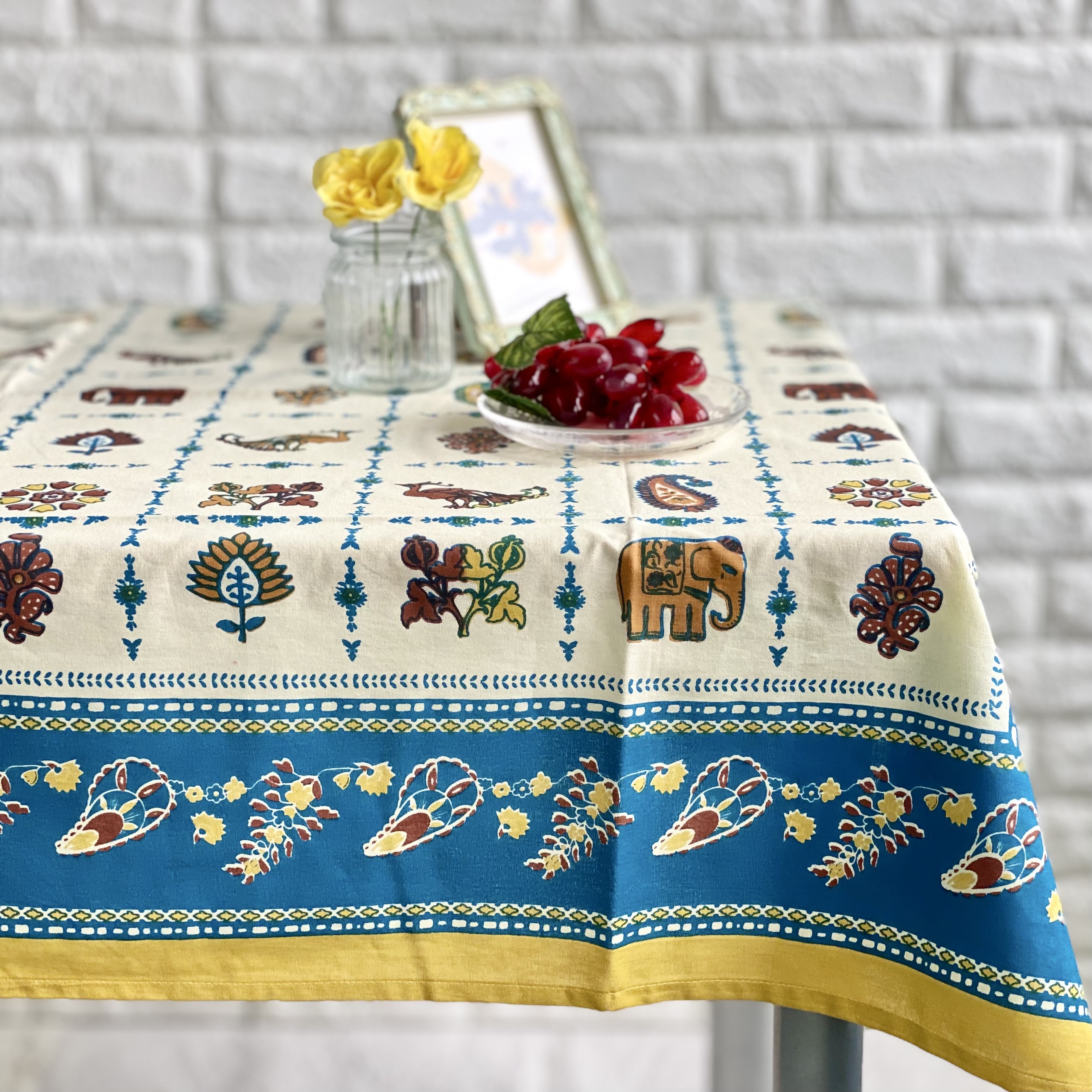 テーブルクロス インド綿100% ペイズリー柄 ターコイズ 105cm×105cm