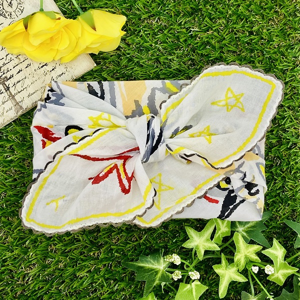 バンダナ インド綿100％ フクロウ 鳥  ホワイト 約53cm×53cm