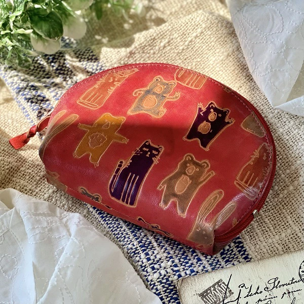 ヤンピー マチ付きポーチ アニマル  山羊革 サーモンピンク 17cm×14cm×4cm